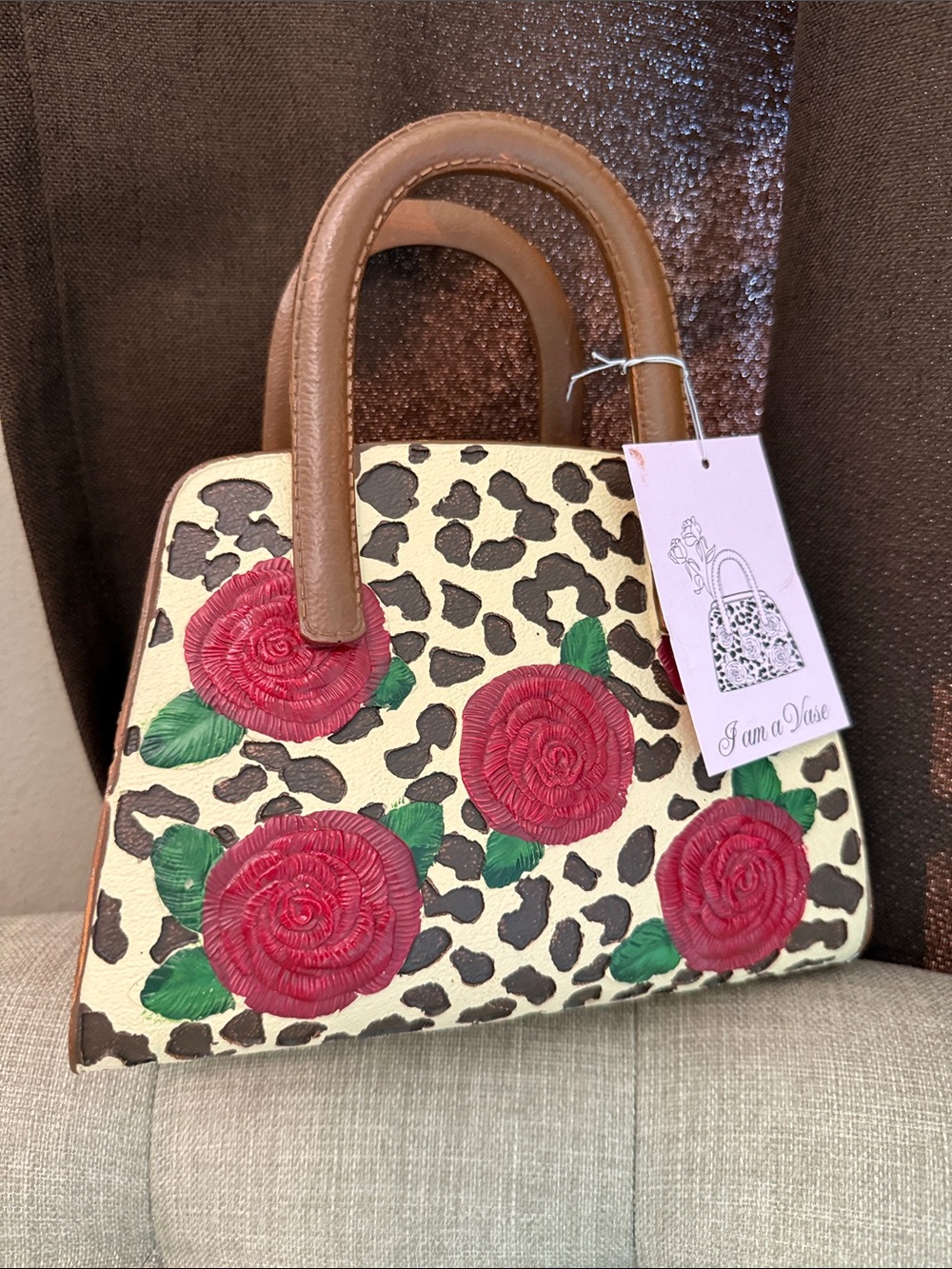 Floral Embroidered Leopard Satchel Vase - Ceramic - Picture 4 of 9